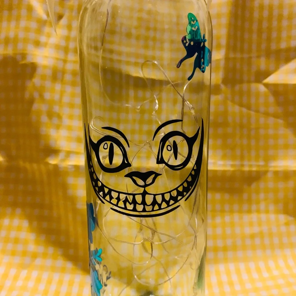 Hand Crafted- Cheshire Cat Smile wine bottle lantern